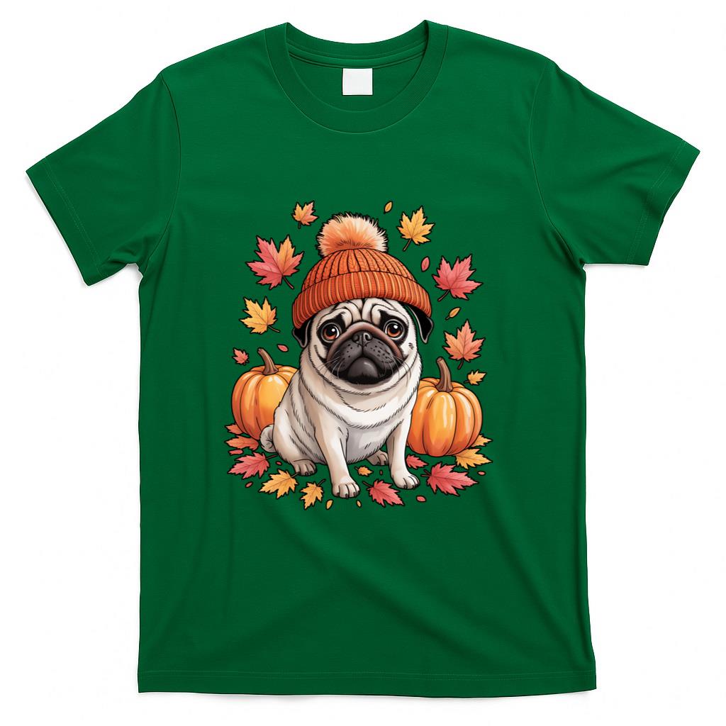 Funny Pug Fall Scarf Autumn Leaves Dog Lovers Long Sleeve T-Shirt