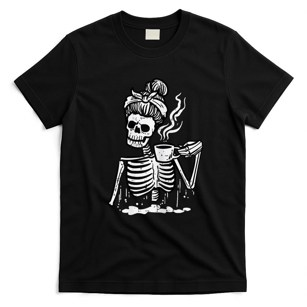 Pet Mom Halloween Shirt - Halloween Skeleton Messy Bun Coffee Funny Costume Mom Women T-Shirt_1