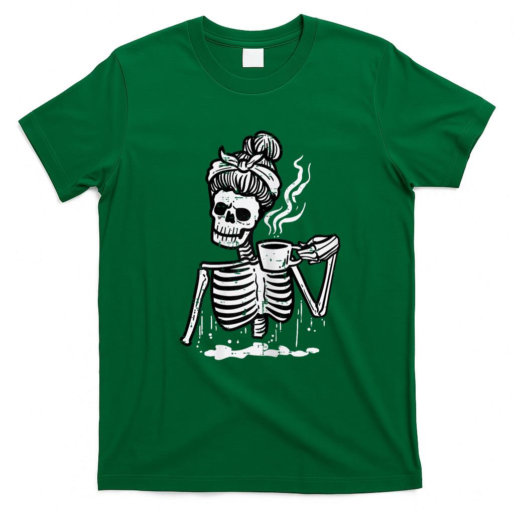 Pet Mom Halloween Shirt - Halloween Skeleton Messy Bun Coffee Funny Costume Mom Women T-Shirt_1