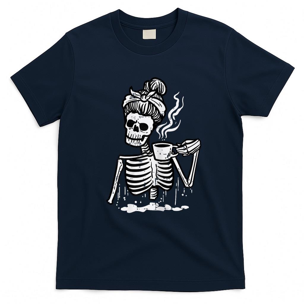 Pet Mom Halloween Shirt - Halloween Skeleton Messy Bun Coffee Funny Costume Mom Women T-Shirt_1