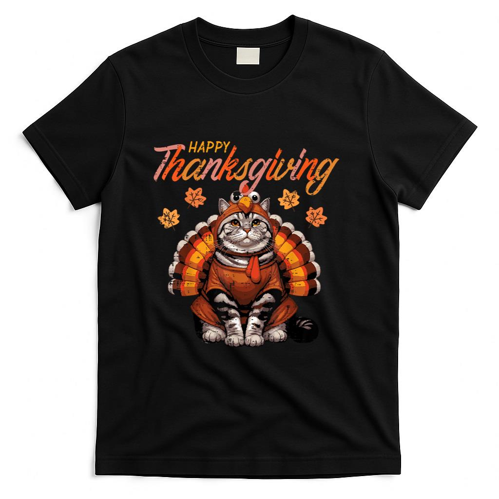 Happy Thanksgiving Cat Turkey Day Fall Women Girls Kids Men T-Shirt