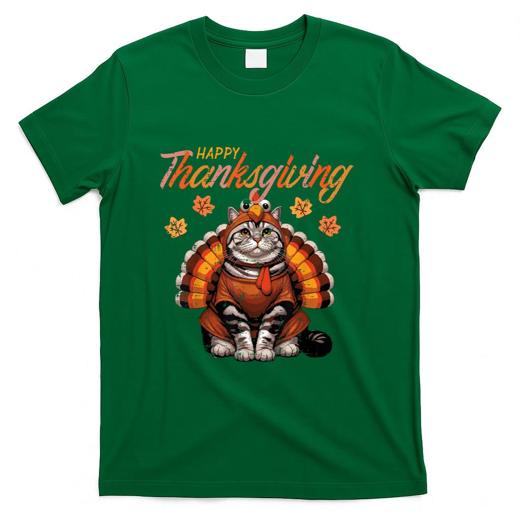 Happy Thanksgiving Cat Turkey Day Fall Women Girls Kids Men T-Shirt