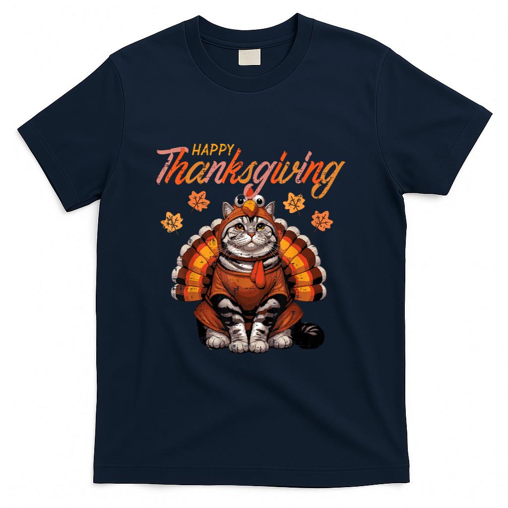 Happy Thanksgiving Cat Turkey Day Fall Women Girls Kids Men T-Shirt