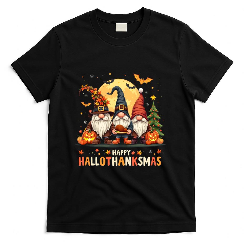 Happy Hallothanksmas Halloween Thanksgiving Christmas Gnome Long Sleeve T-Shirt