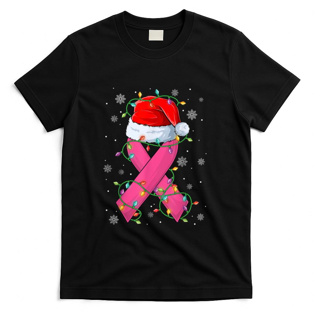 Pink Ribbon Santa Hat Christmas Tree Lights Breast Cancer T-Shirt