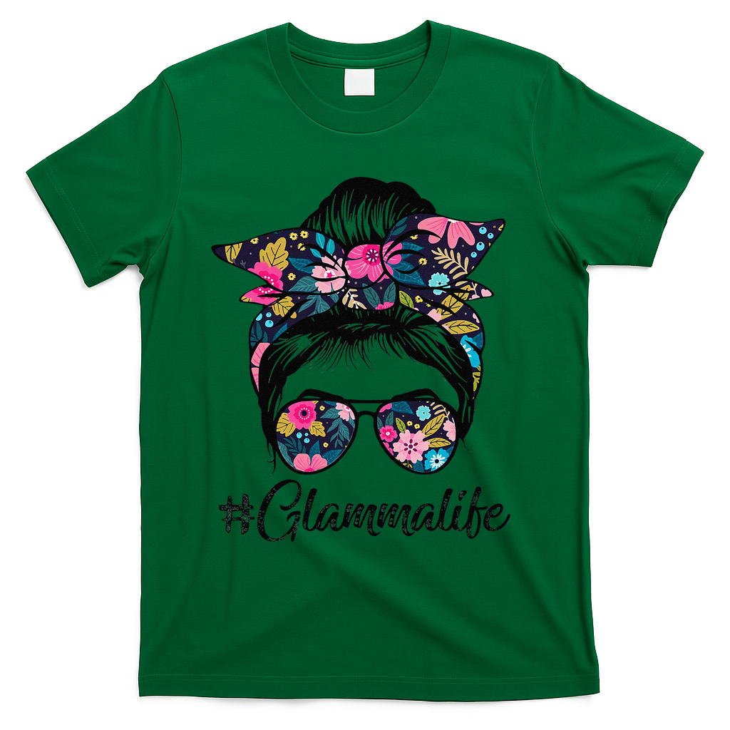 Glamma Life Messy Hair Bun Floral Women Mother's Day T-Shirt