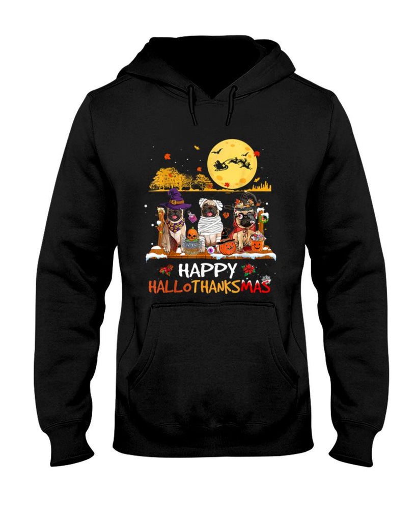 Pug Happy Hallothanksmas Halloween Thanksgiving Xmas T-Shirt