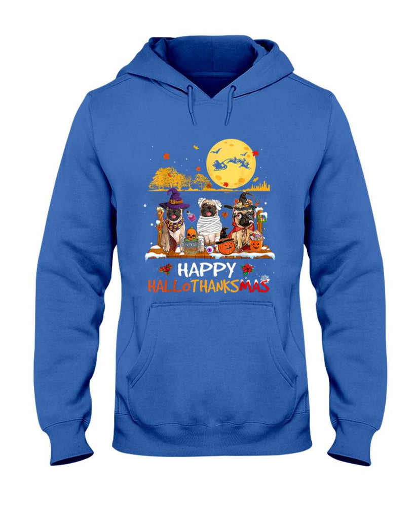 Pug Happy Hallothanksmas Halloween Thanksgiving Xmas T-Shirt