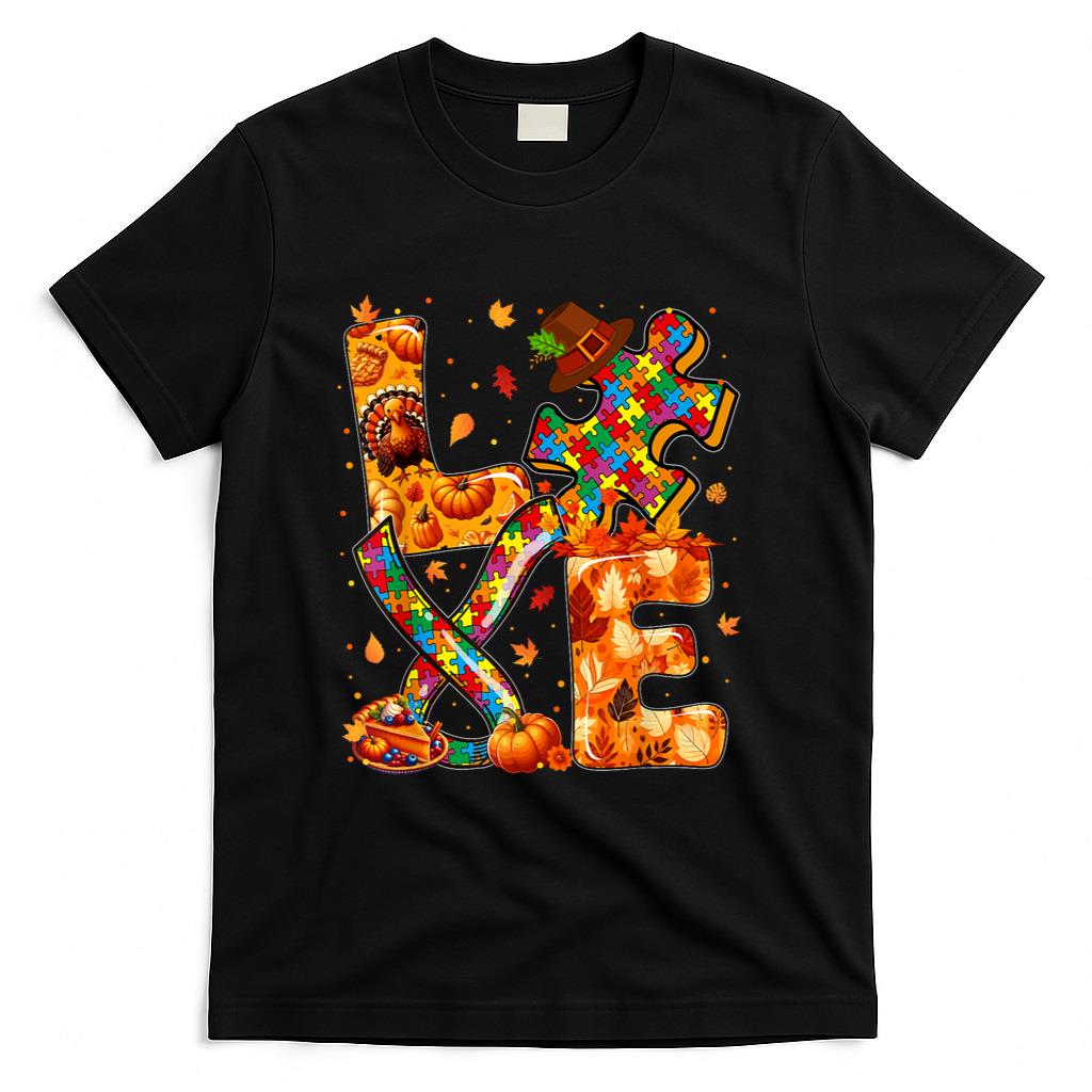 LOVE Thanksgiving Autism Awareness Fall Puzzle Pieces Ribbon T-Shirt