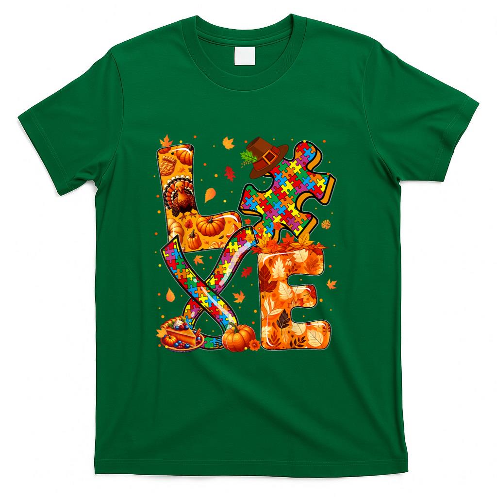 LOVE Thanksgiving Autism Awareness Fall Puzzle Pieces Ribbon T-Shirt