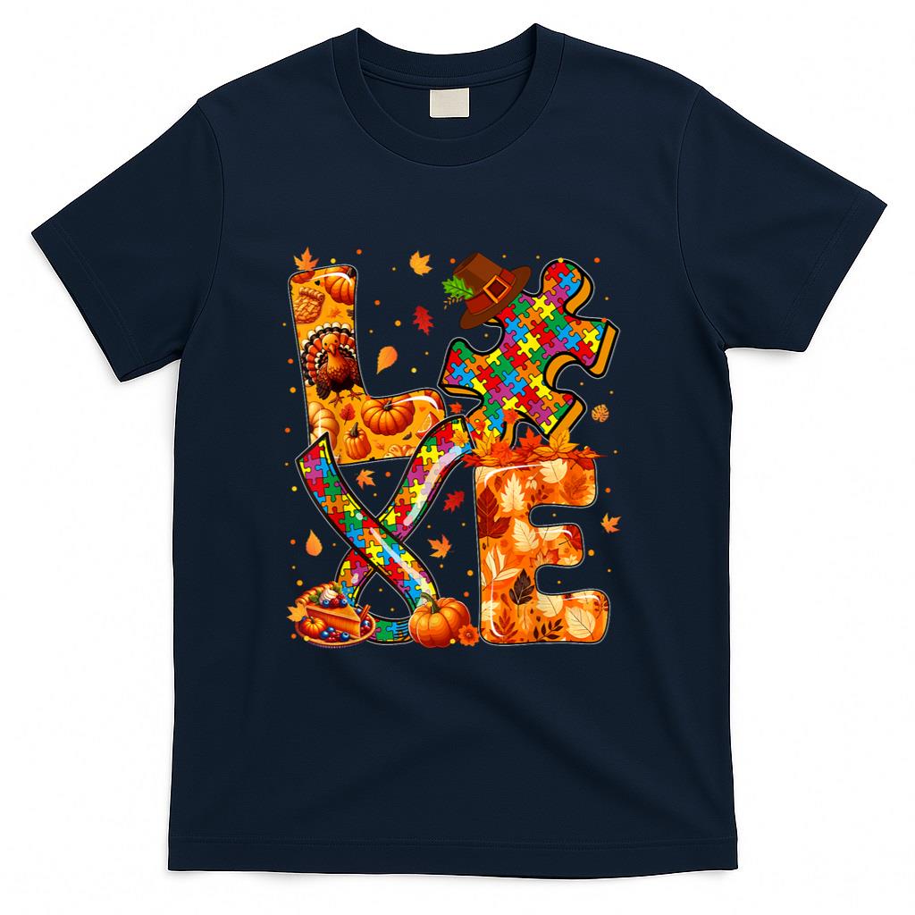 LOVE Thanksgiving Autism Awareness Fall Puzzle Pieces Ribbon T-Shirt