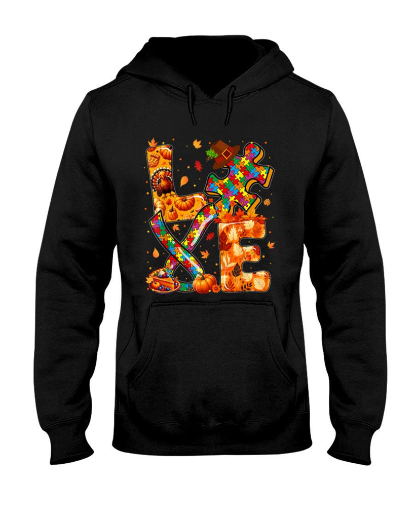 LOVE Thanksgiving Autism Awareness Fall Puzzle Pieces Ribbon T-Shirt
