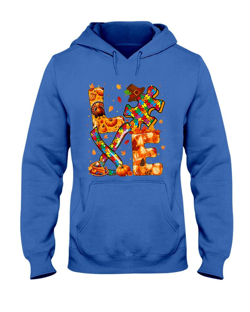 LOVE Thanksgiving Autism Awareness Fall Puzzle Pieces Ribbon T-Shirt