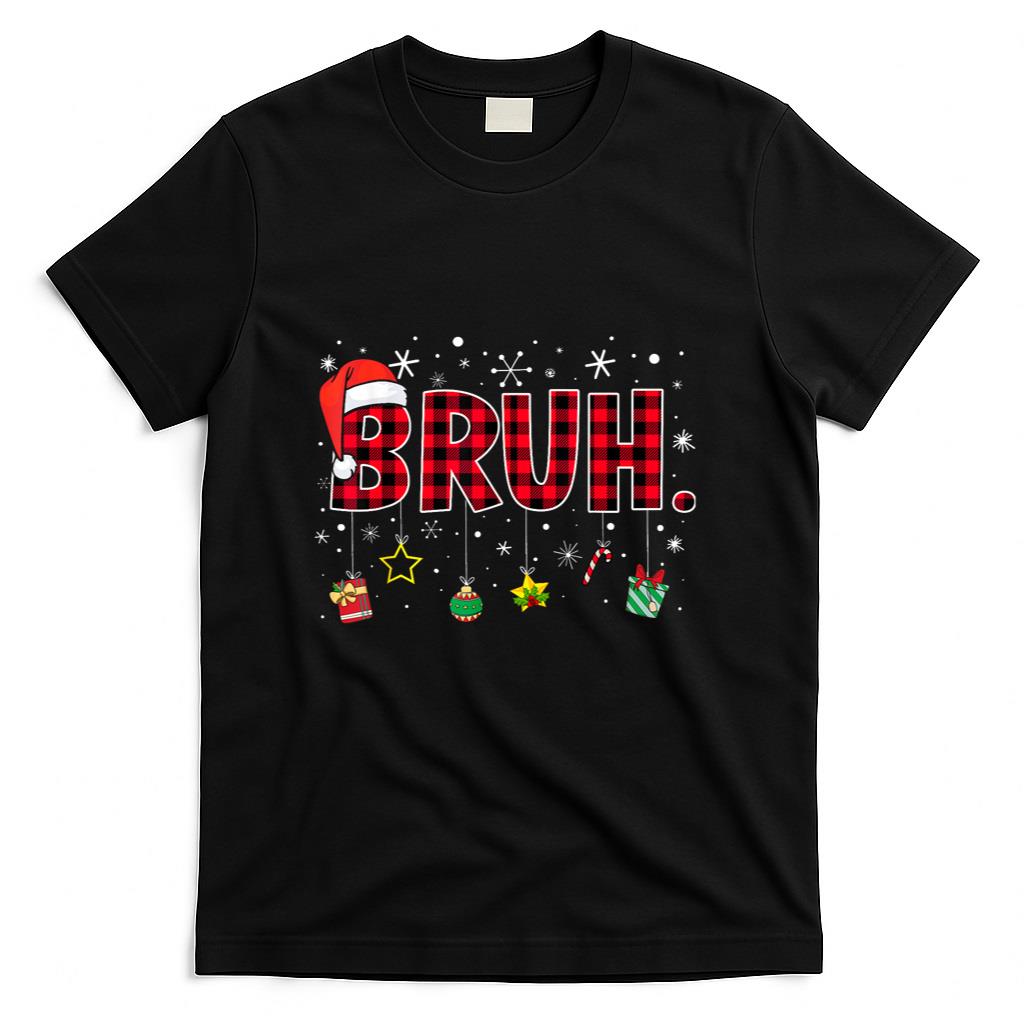 Bruh Funny Christmas Red Plaid Teens Boys Kids Xmas Pajamas T-Shirt