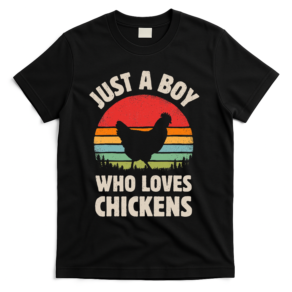 Chicken Just A Boy Who Loves Retro Farm Animal Farmer Sunset T-Shirt