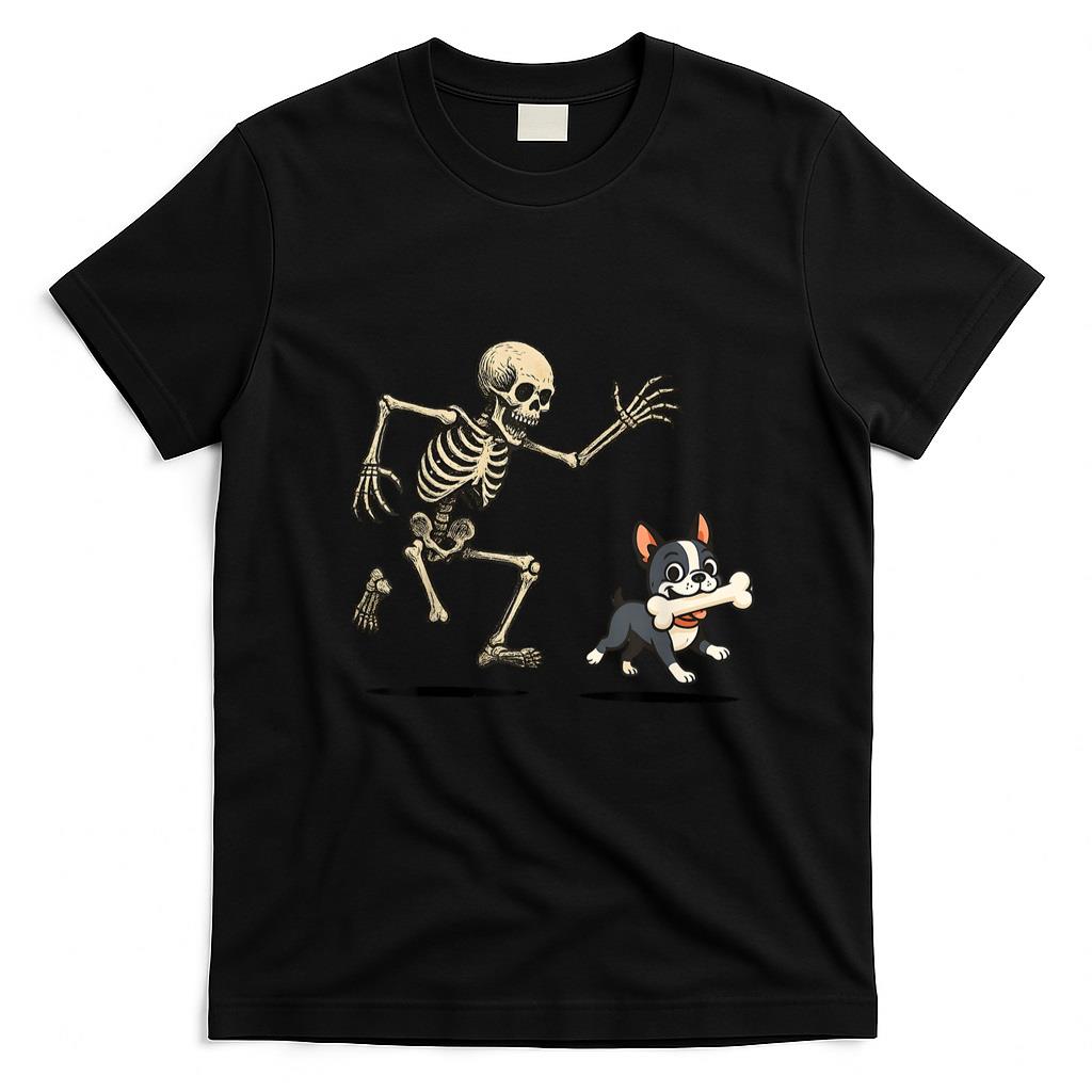 Pet Mom Halloween Shirt - Skeleton Chasing Dog Boston Terrier Halloween Mom Pet Lover T-Shirt