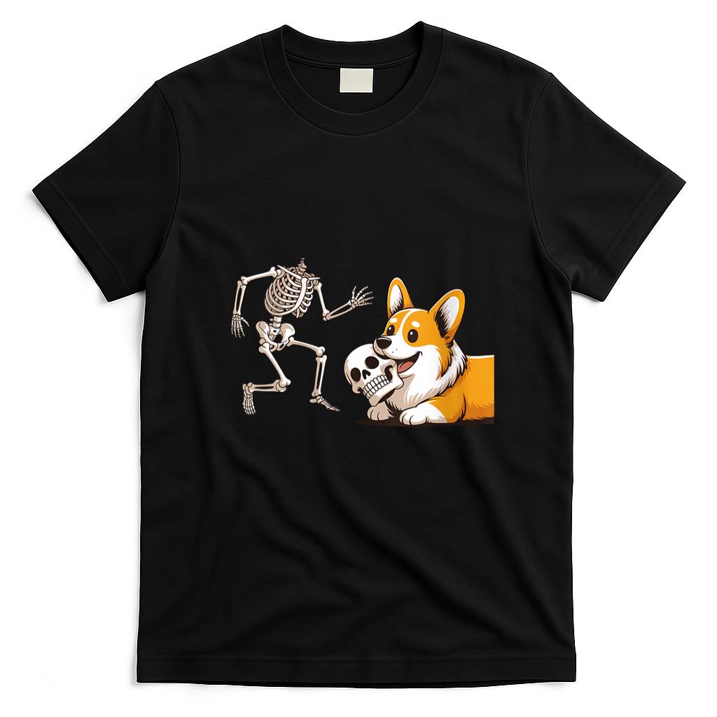 Pet Mom Halloween Shirt - Womens Funny Skeleton Chasing Corgi Halloween Dog Mom Pet Lover V-Neck T-Shirt_1