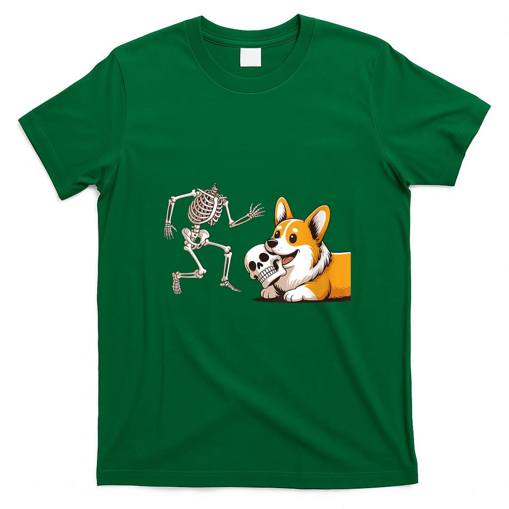 Pet Mom Halloween Shirt - Womens Funny Skeleton Chasing Corgi Halloween Dog Mom Pet Lover V-Neck T-Shirt_1