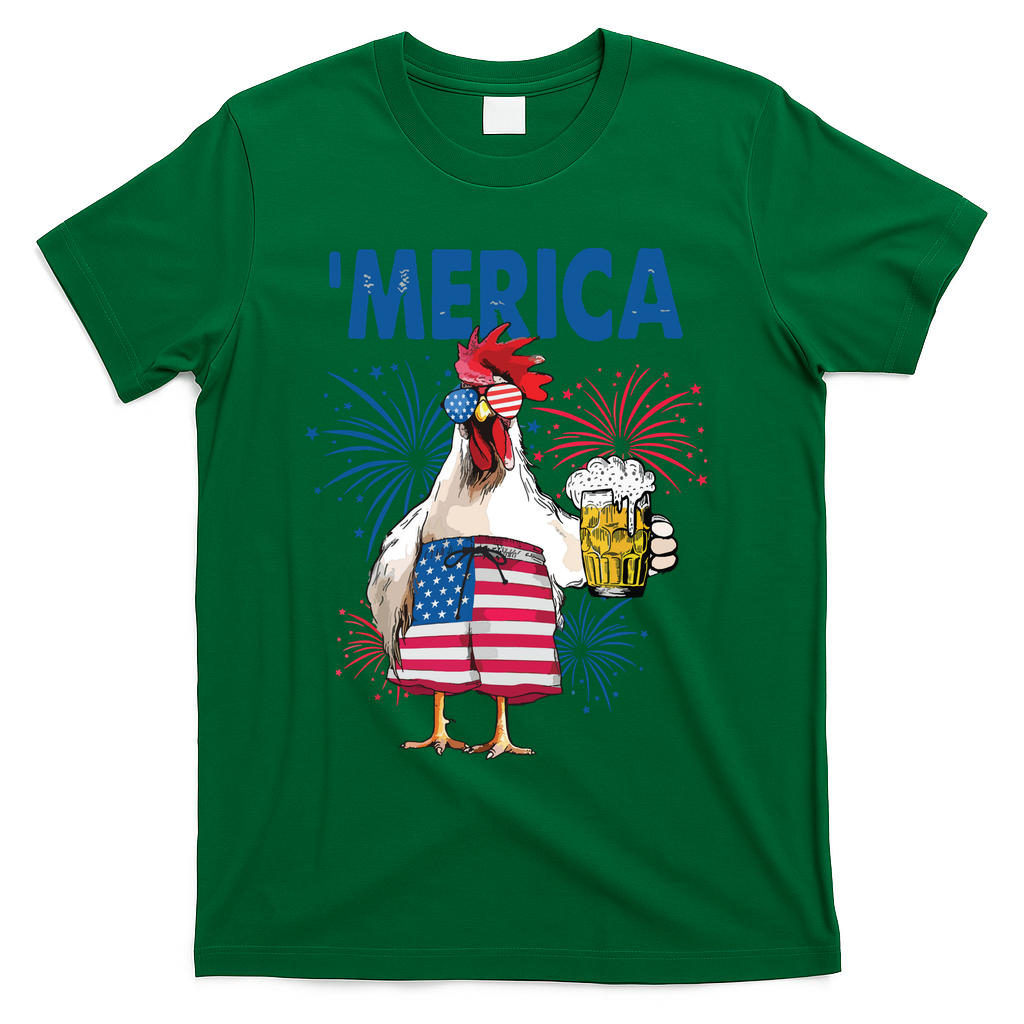 Merica Funny Chicken With Beer USA Flag 4th Of July T-Shirt