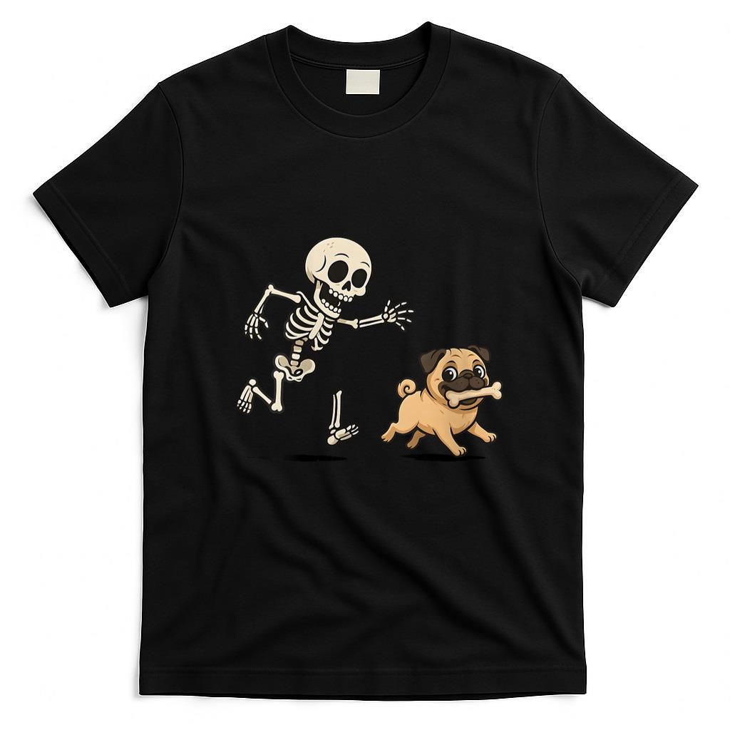 Pet Mom Halloween Shirt - Womens Funny Skeleton Chasing Pug Halloween Dog Mom Pet Lover V-Neck T-Shirt