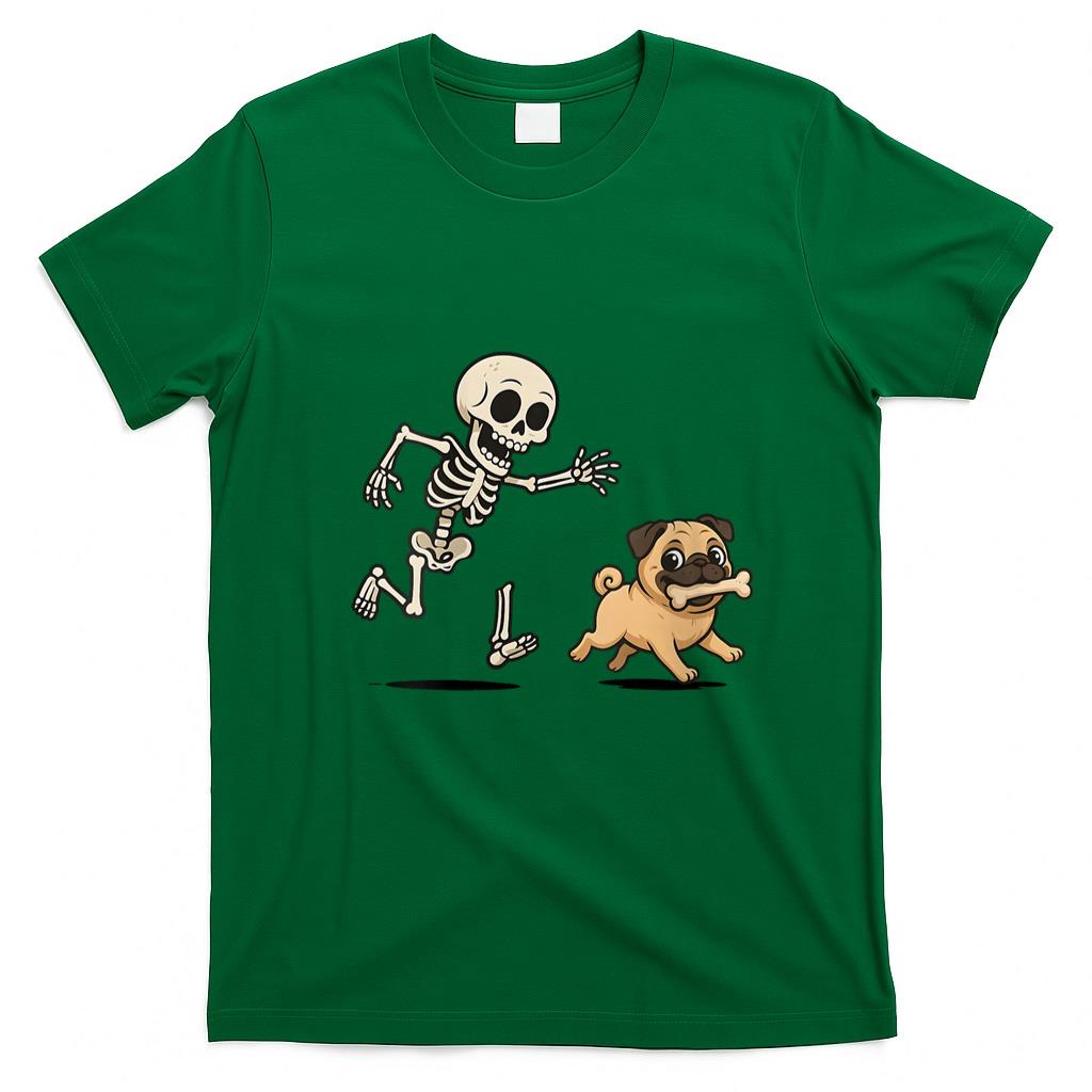 Pet Mom Halloween Shirt - Womens Funny Skeleton Chasing Pug Halloween Dog Mom Pet Lover V-Neck T-Shirt