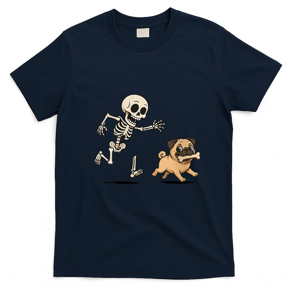 Pet Mom Halloween Shirt - Womens Funny Skeleton Chasing Pug Halloween Dog Mom Pet Lover V-Neck T-Shirt