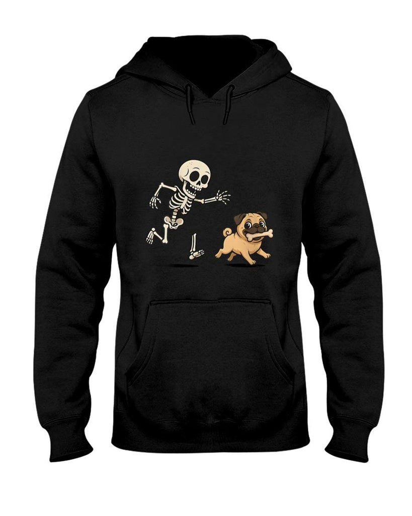 Pet Mom Halloween Shirt - Womens Funny Skeleton Chasing Pug Halloween Dog Mom Pet Lover V-Neck T-Shirt