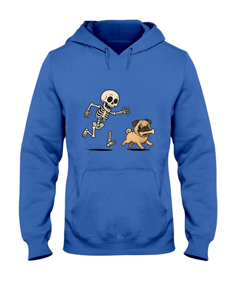 Pet Mom Halloween Shirt - Womens Funny Skeleton Chasing Pug Halloween Dog Mom Pet Lover V-Neck T-Shirt