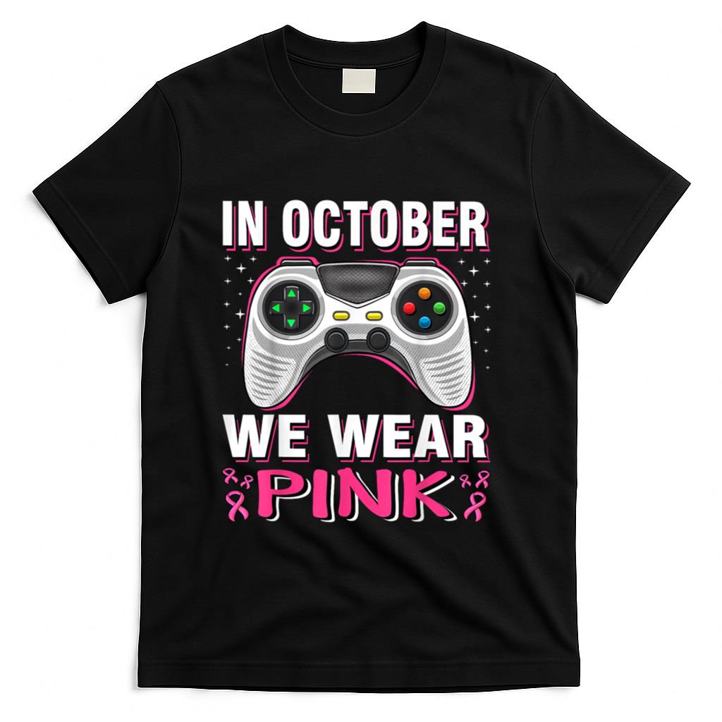 In October We Wear Pink Breast Cancer Gaming Kids Boys Youth T-Shirt