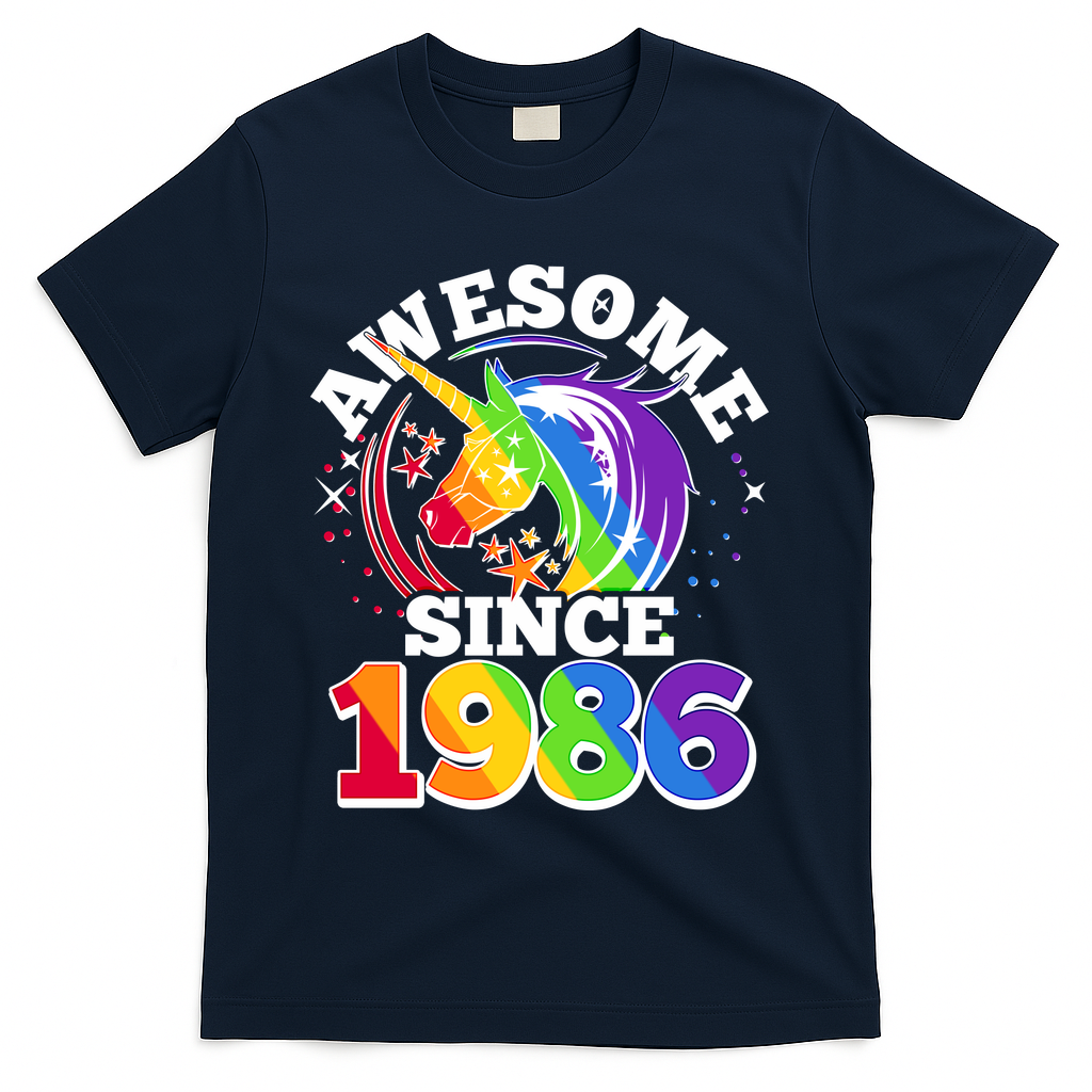 40th Birthday Rainbow Unicorn Awesome Since 1986 T-Shirt - Navy