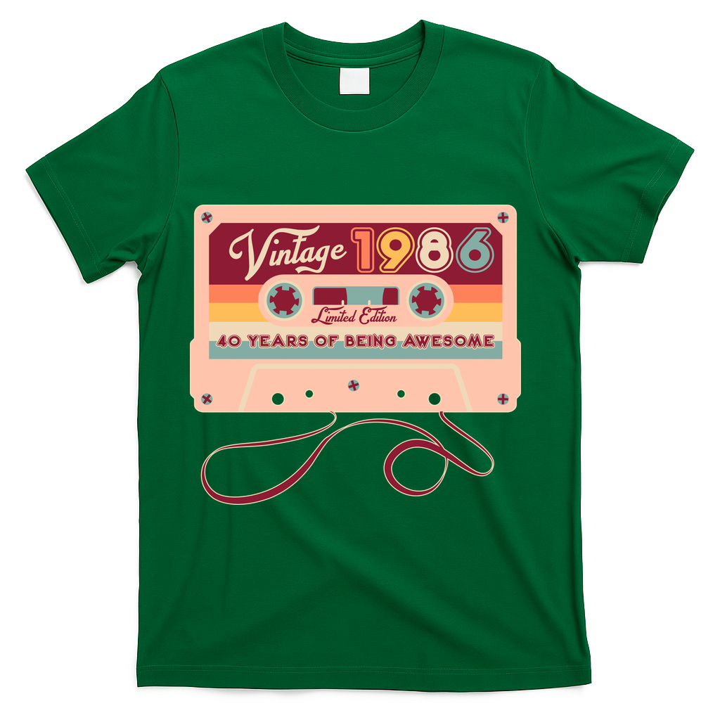 40th Birthday Vintage 1986 Limited Edition Cassette Tape T-Shirt - Green
