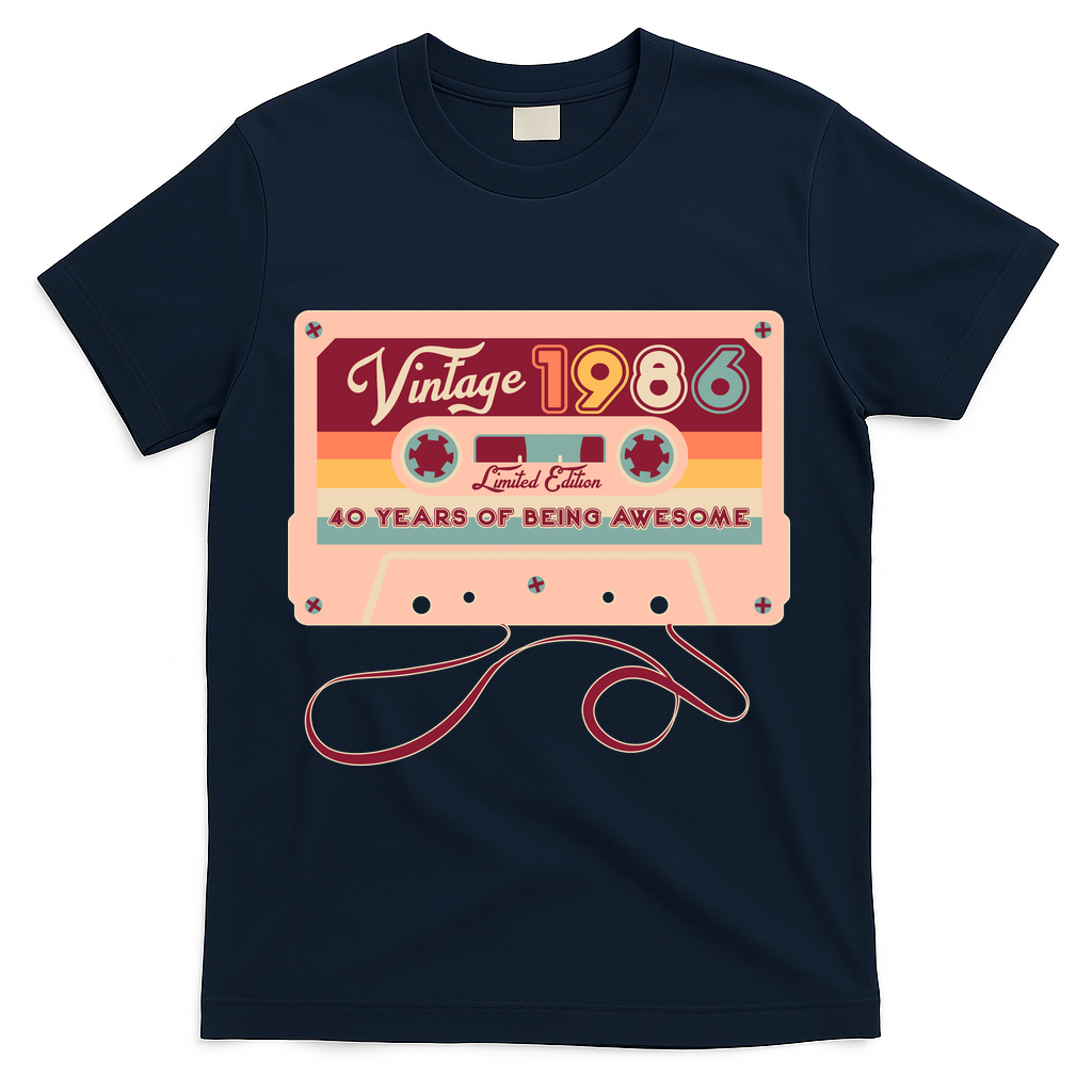 40th Birthday Vintage 1986 Limited Edition Cassette Tape T-Shirt - Navy