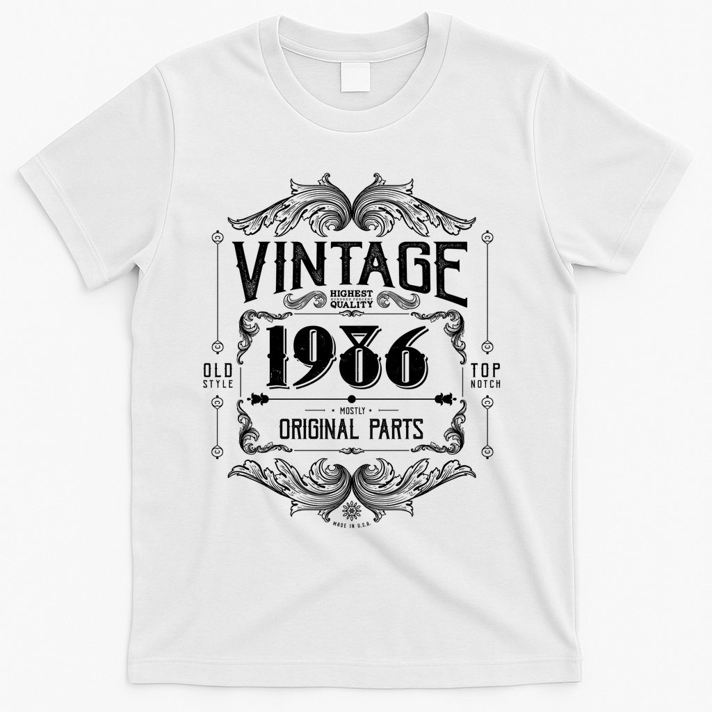 40th Birthday Vintage 1986 Old Style Top Notch Mostly Original Parts Whiskey Label T-Shirt - White