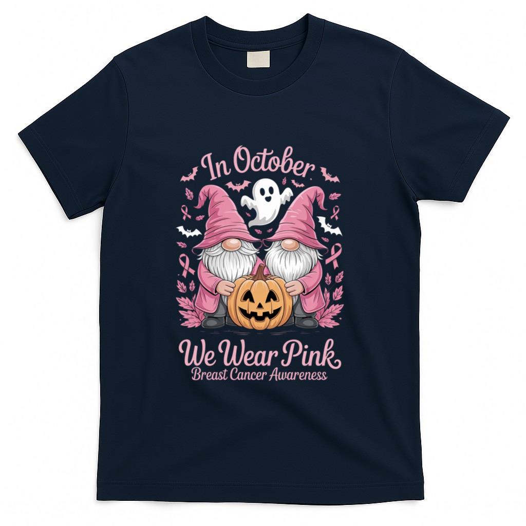 in October We Wear Pink Ghost Gnomes Breast Cancer Awareness Long Sleeve T-Shirt