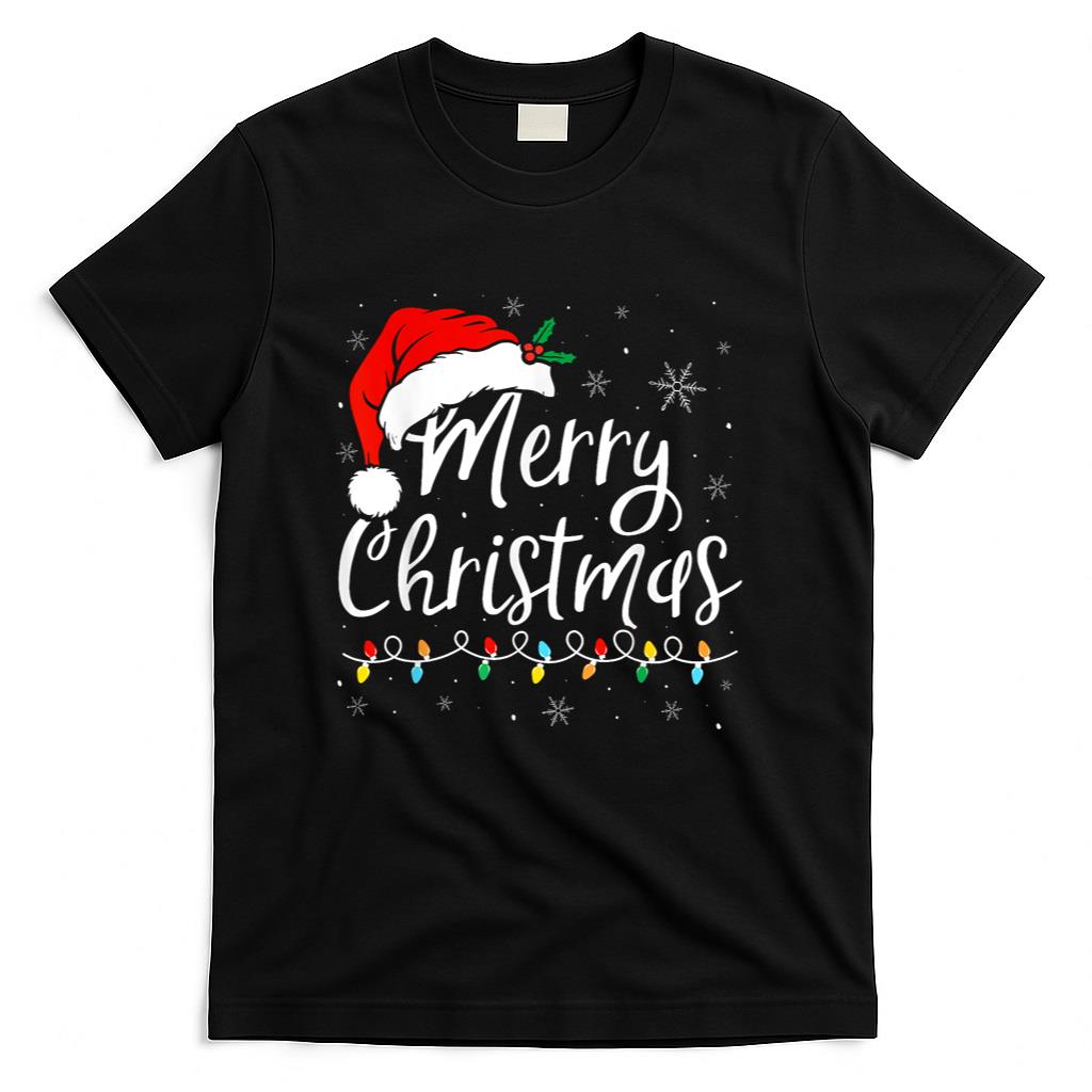 Merry Christmas Lights Santa Hat Xmas Family Matching Pajama T-Shirt