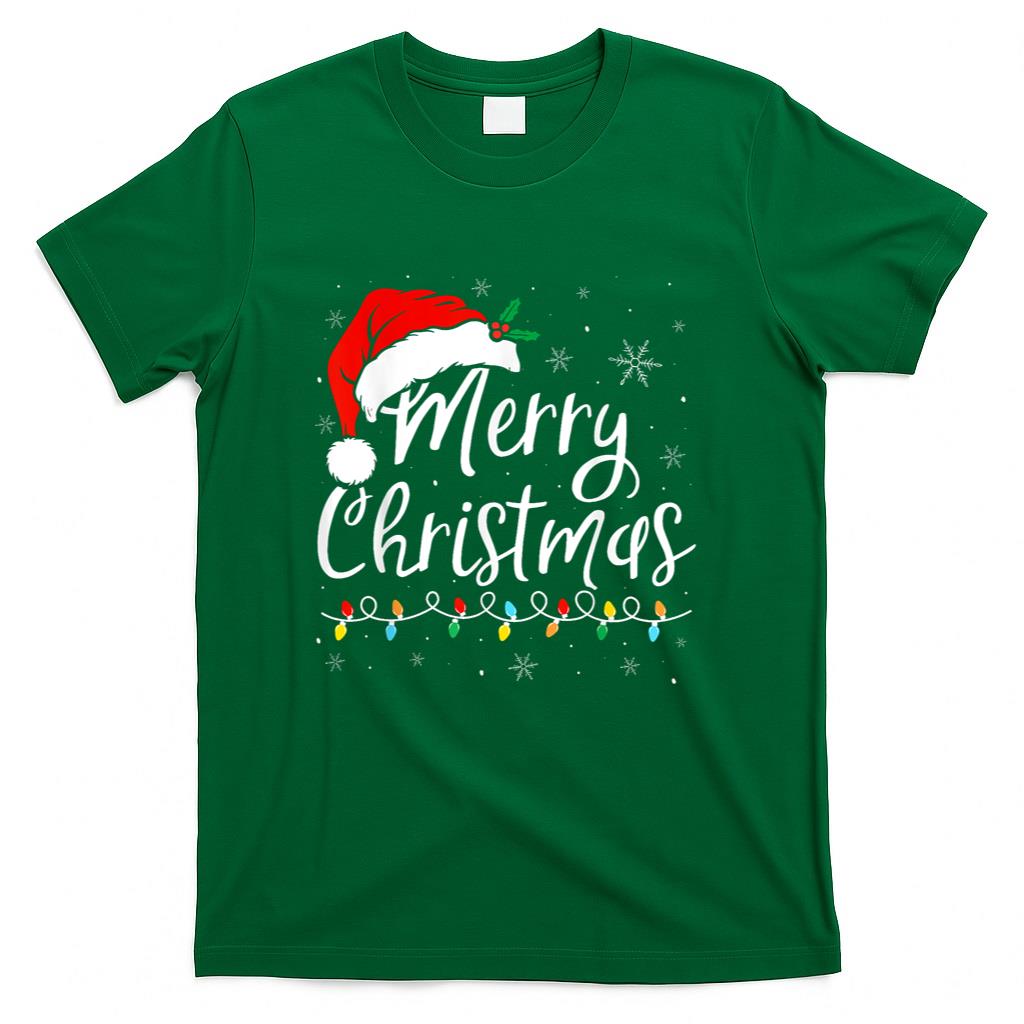 Merry Christmas Lights Santa Hat Xmas Family Matching Pajama T-Shirt