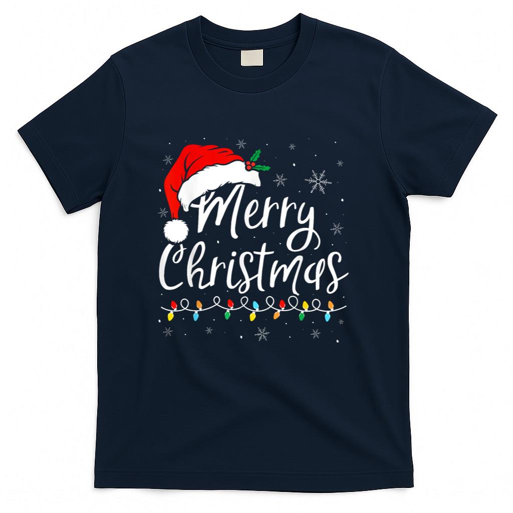 Merry Christmas Lights Santa Hat Xmas Family Matching Pajama T-Shirt