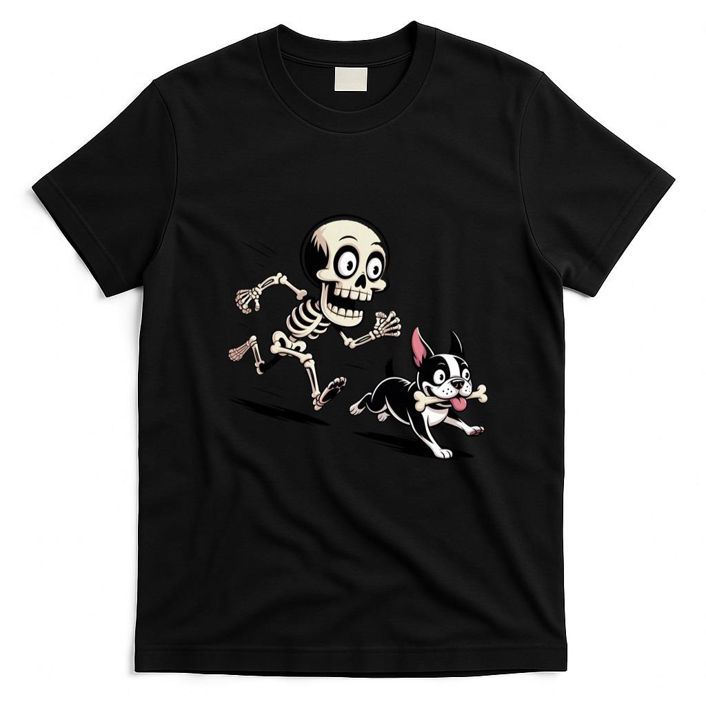Pet Mom Halloween Shirt - Skeleton Chasing Dog Boston Terrier Halloween Pet Lover Long Sleeve T-Shirt
