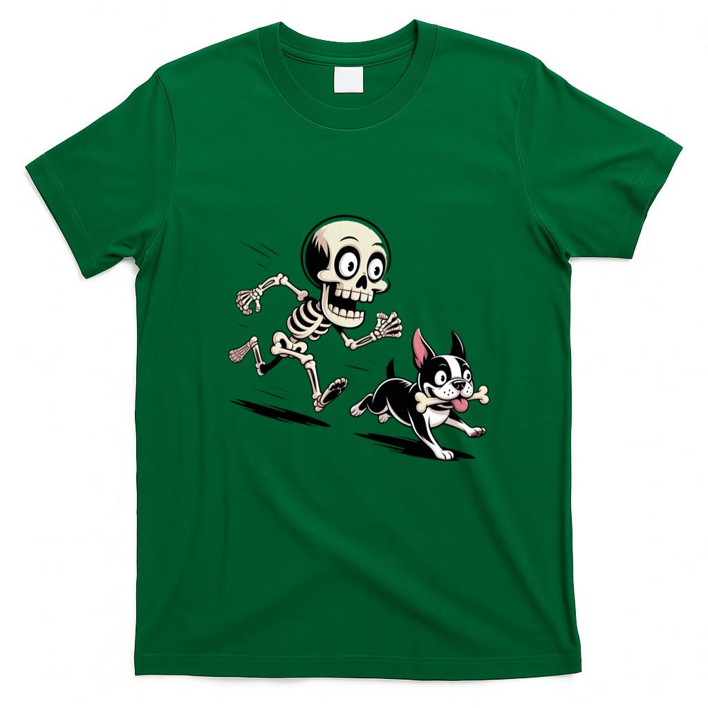 Pet Mom Halloween Shirt - Skeleton Chasing Dog Boston Terrier Halloween Pet Lover Long Sleeve T-Shirt