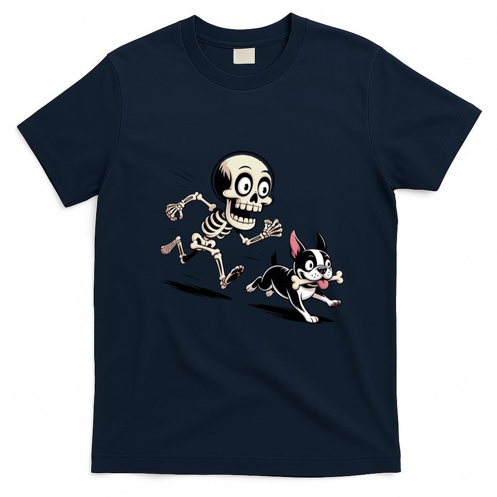 Pet Mom Halloween Shirt - Skeleton Chasing Dog Boston Terrier Halloween Pet Lover Long Sleeve T-Shirt