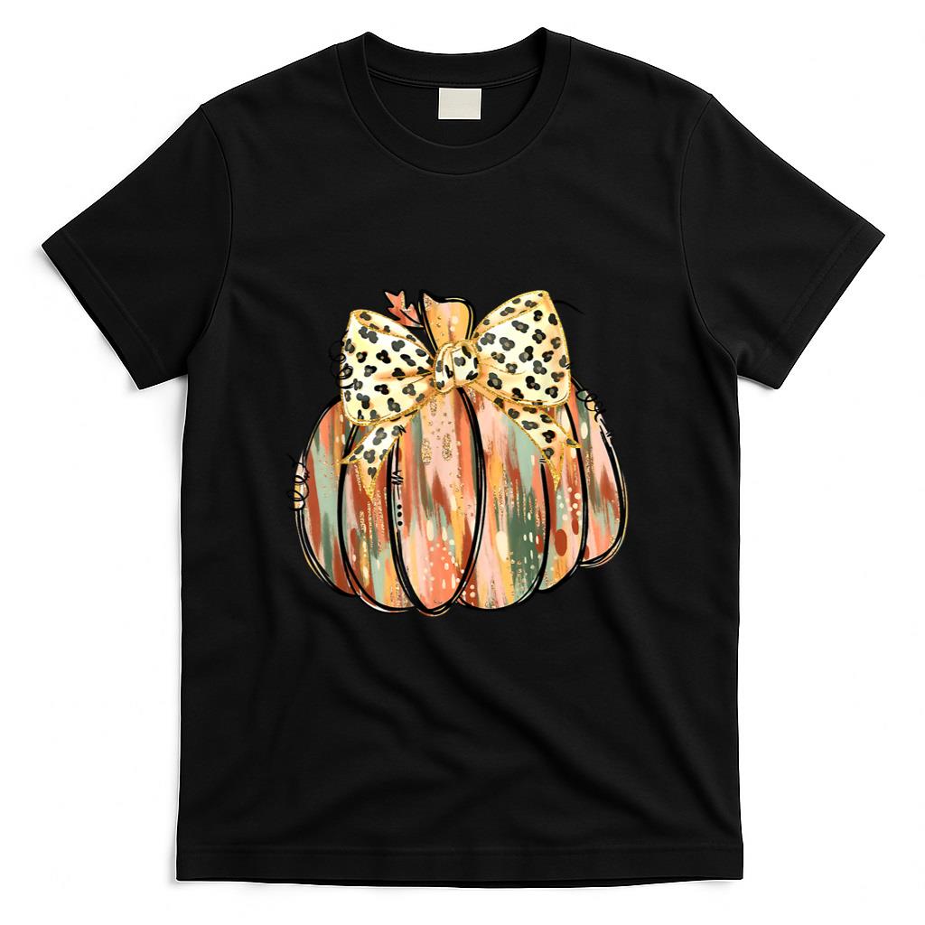 Coquette Bow Pumpkin Season Autumn Fall Leaves Thanksgiving T-Shirt