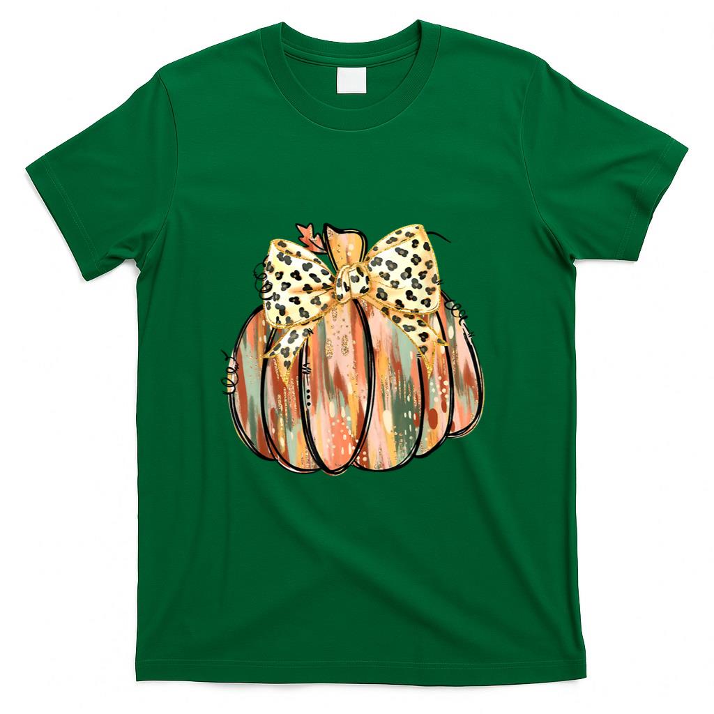 Coquette Bow Pumpkin Season Autumn Fall Leaves Thanksgiving T-Shirt