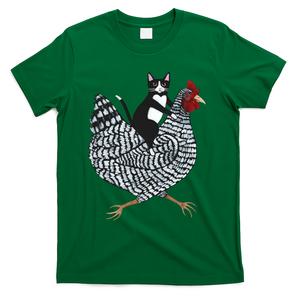 Tuxedo Cat Riding A Chicken Funny T-Shirt