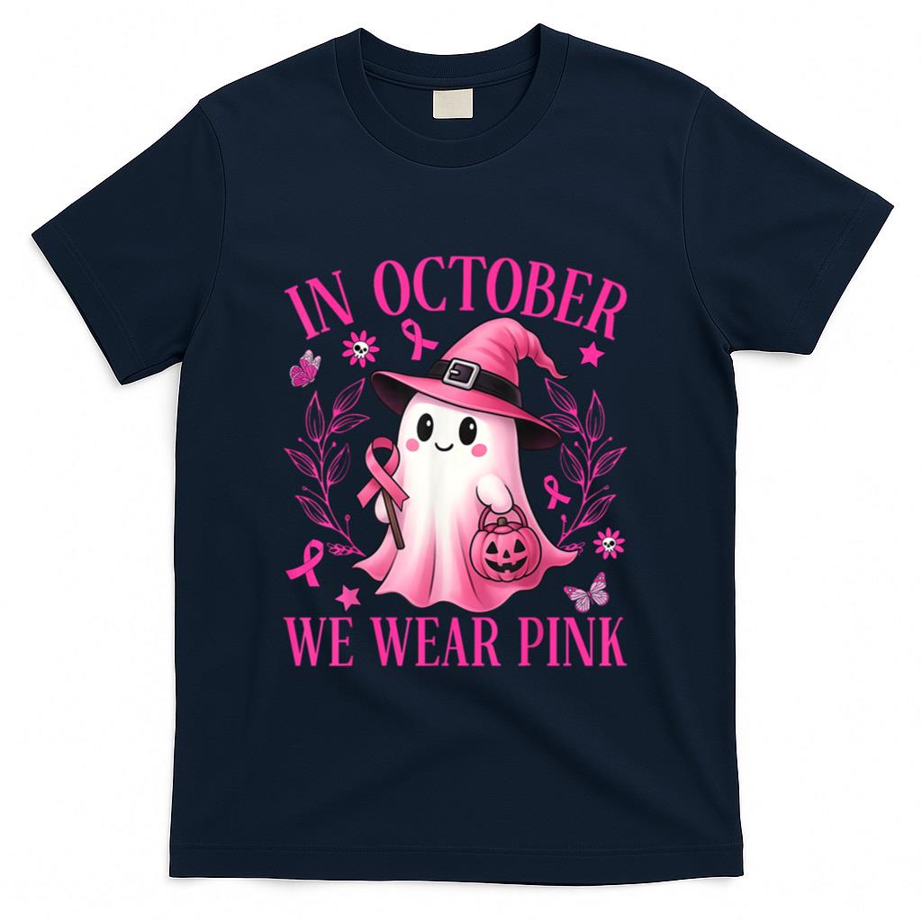 In October We Wear Pink Ghost Witch Breast Cancer Awareness T-Shirt_7