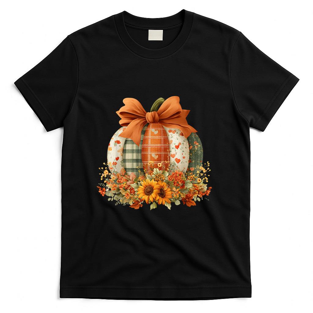 Patchwork Quilt Floral Pumpkin Coquette Fall Thanksgiving T-Shirt