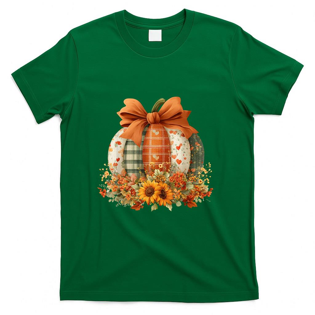 Patchwork Quilt Floral Pumpkin Coquette Fall Thanksgiving T-Shirt