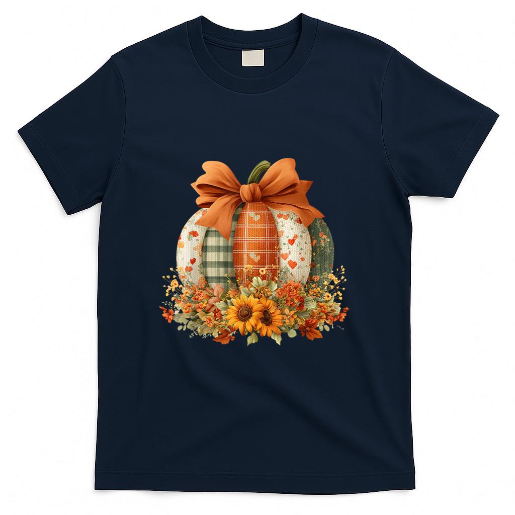 Patchwork Quilt Floral Pumpkin Coquette Fall Thanksgiving T-Shirt