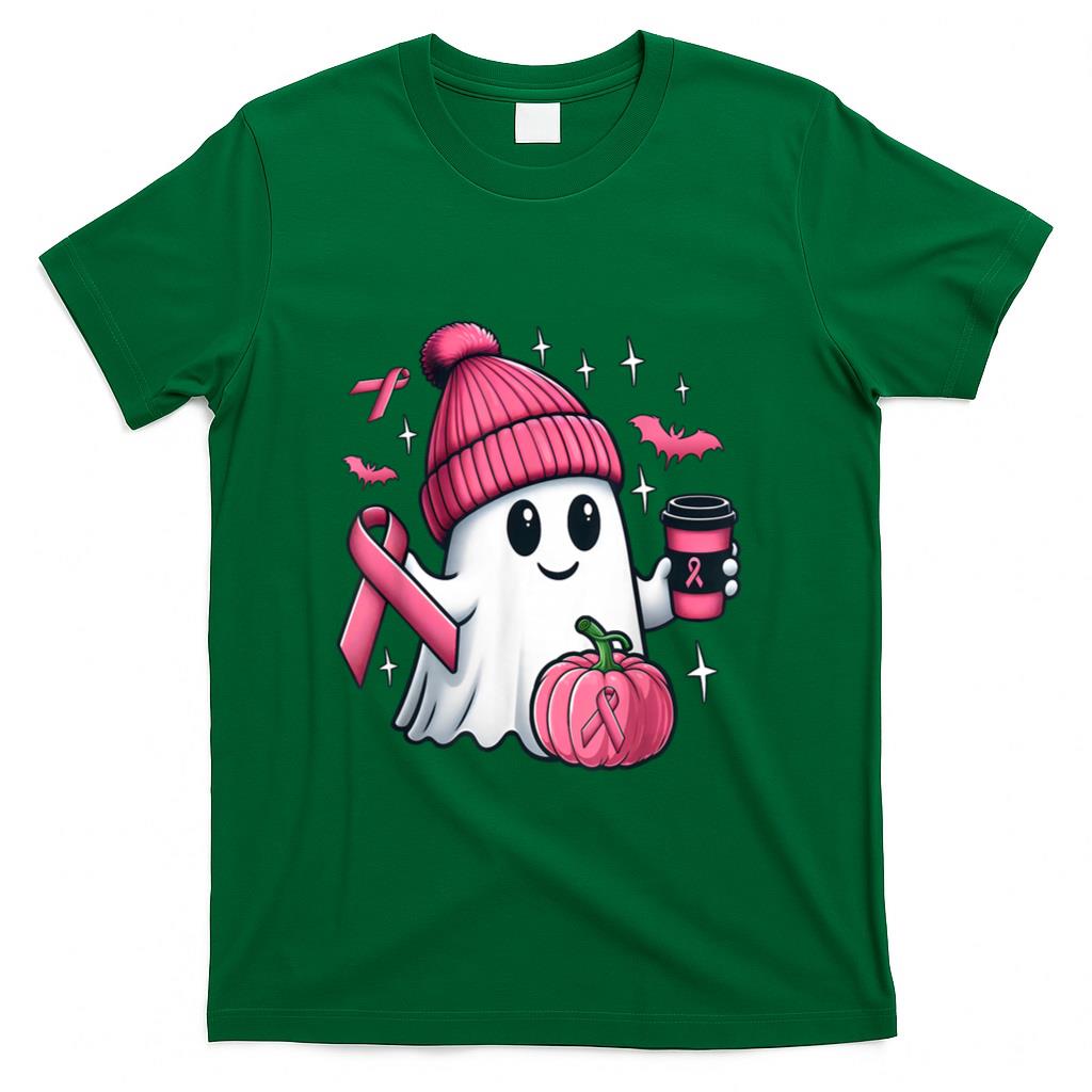 Cute Ghost Drinking Coffee Halloween Breast Cancer Awareness T-Shirt