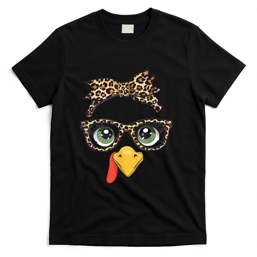 Leopard Print Thanksgiving Turkey Face Glasses Women Girls T-Shirt