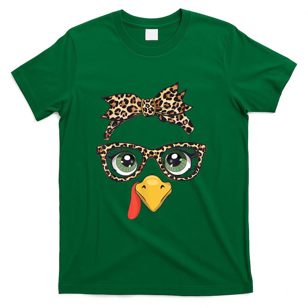 Leopard Print Thanksgiving Turkey Face Glasses Women Girls T-Shirt